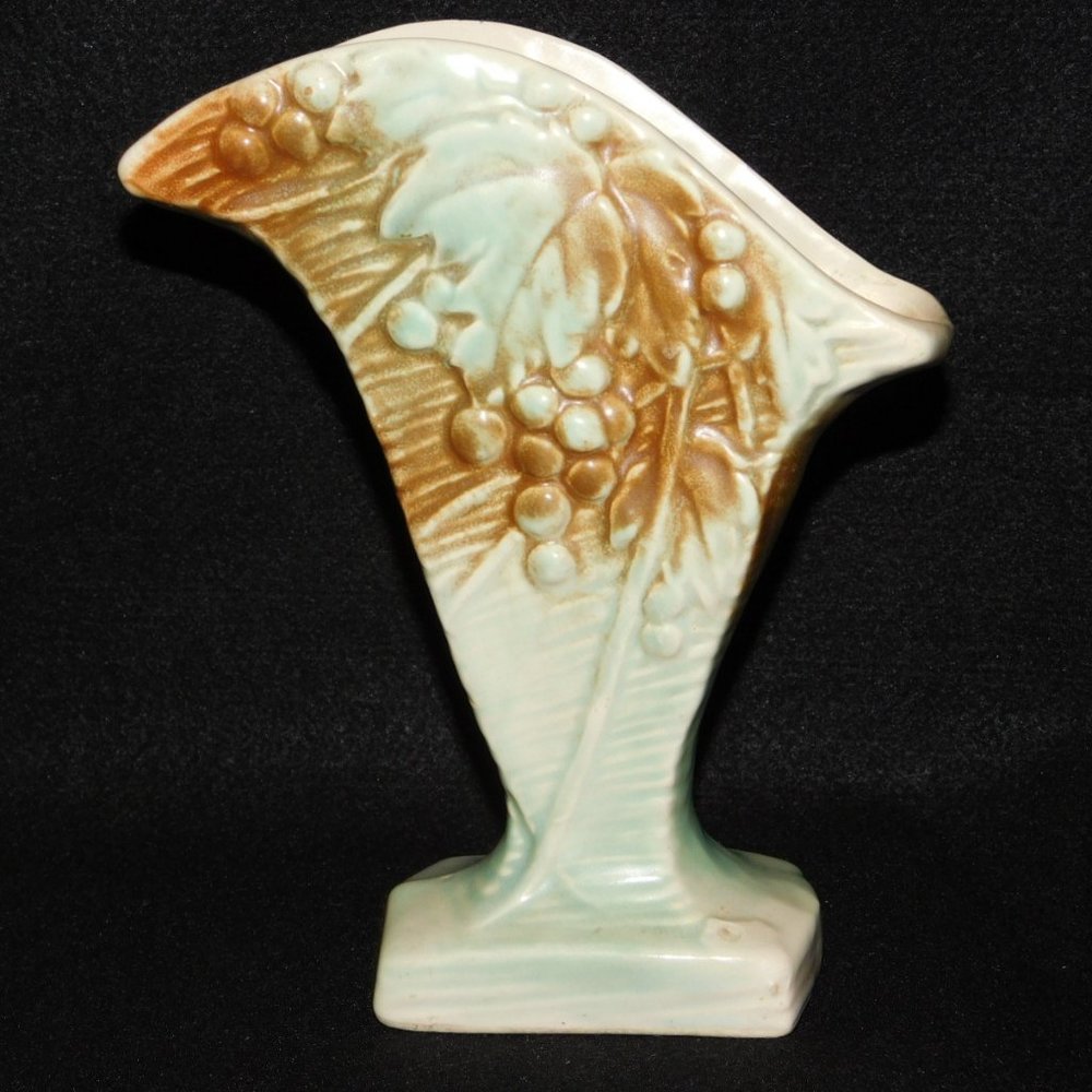 Vintage McCoy Pottery Turquoise Brown Grape vine leaf Vase EUC 8" tall